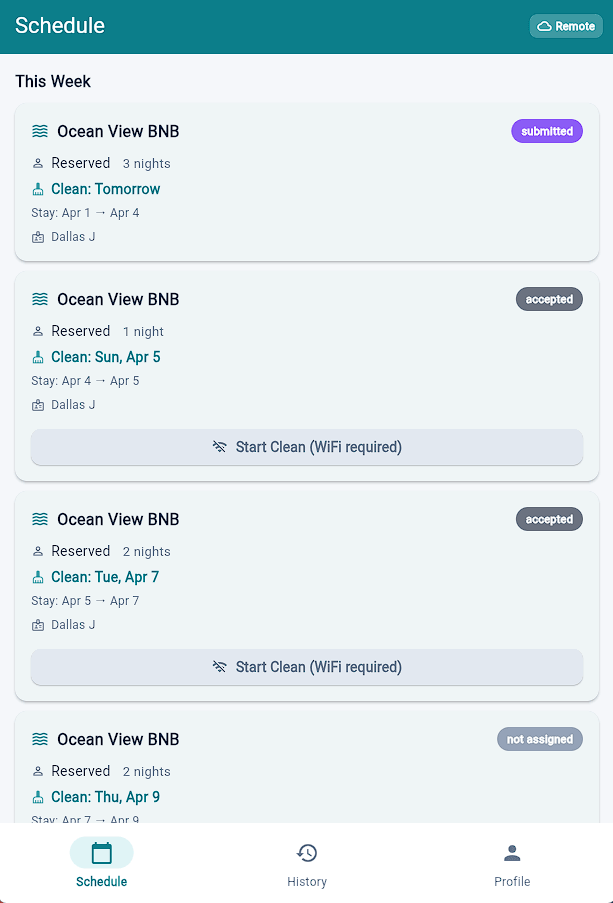 OpenSTR mobile app showing cleaner schedule