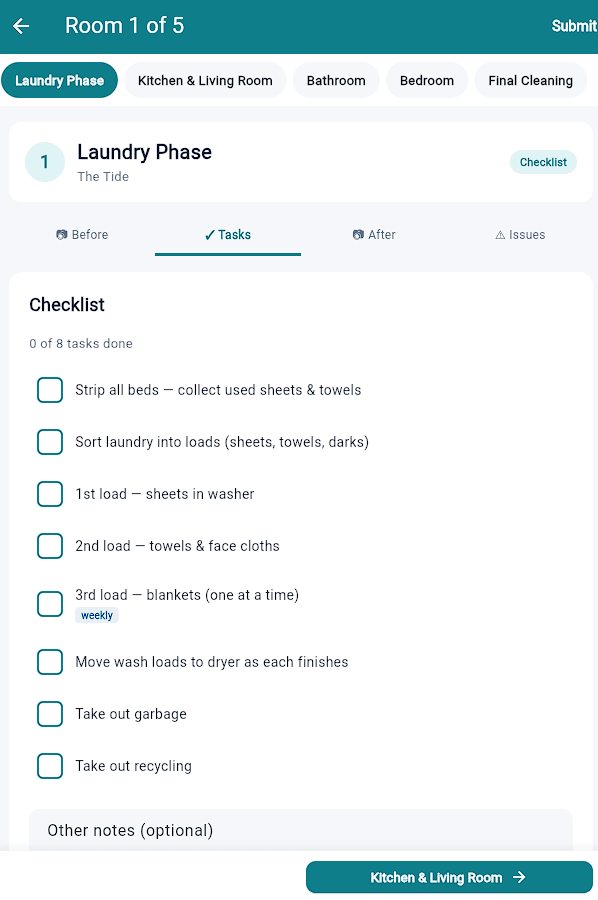 OpenSTR mobile app showing room checklist during a clean