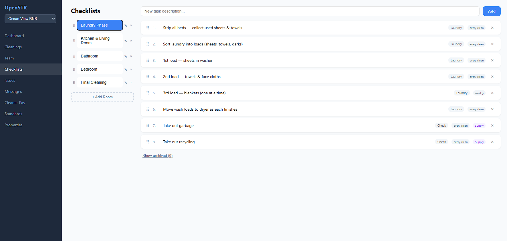 OpenSTR admin checklist view showing room-by-room tasks