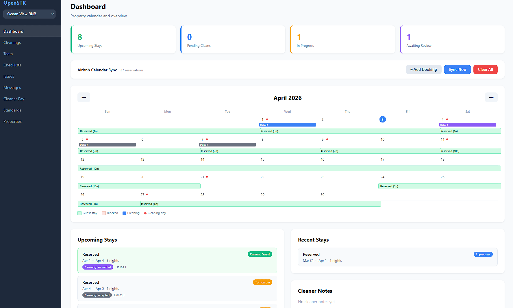 OpenSTR admin dashboard showing upcoming stays and cleaning schedule
